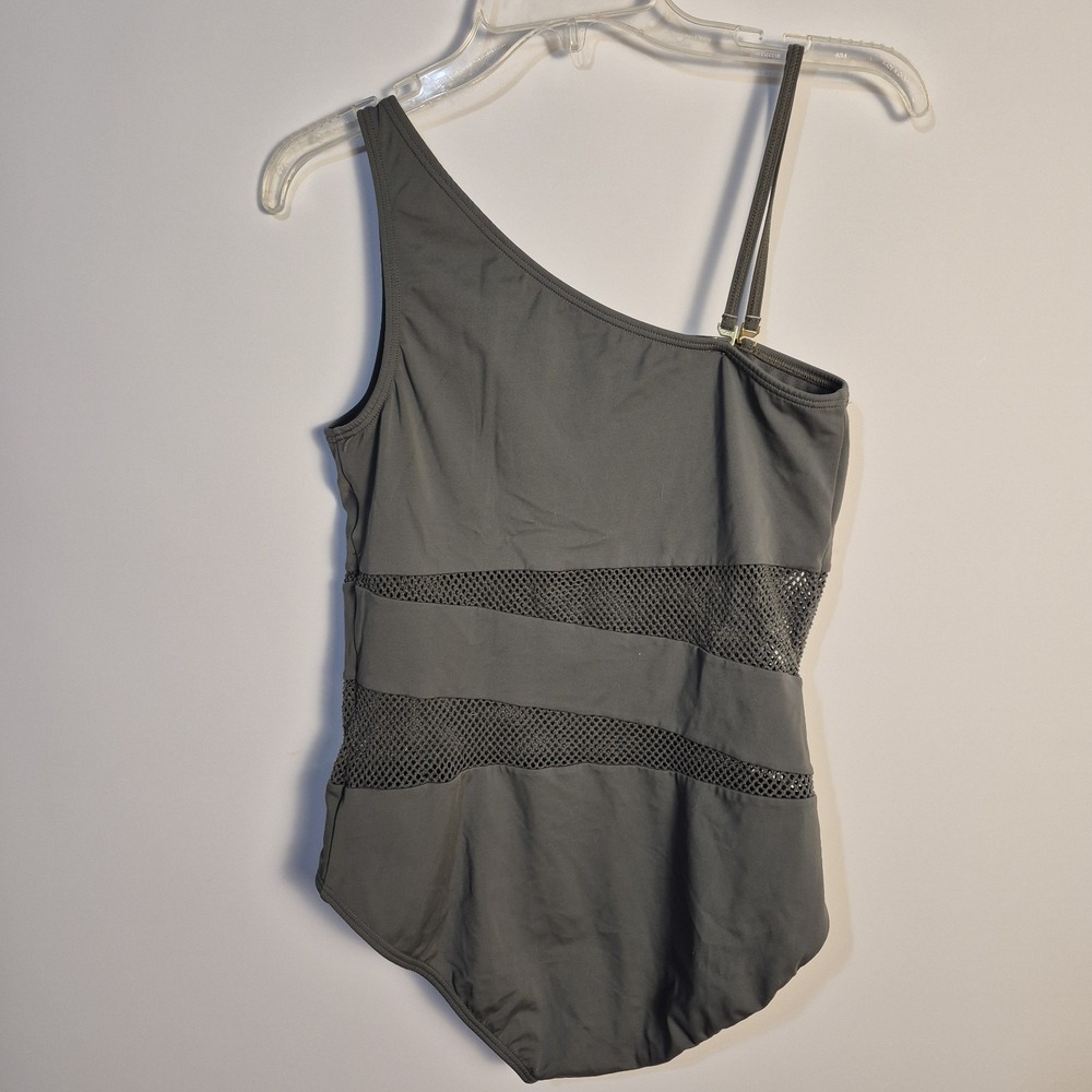 Carmen Marc Valvo 14 One Shoulder One Piece Swimsuit Olive Green Mesh Panel